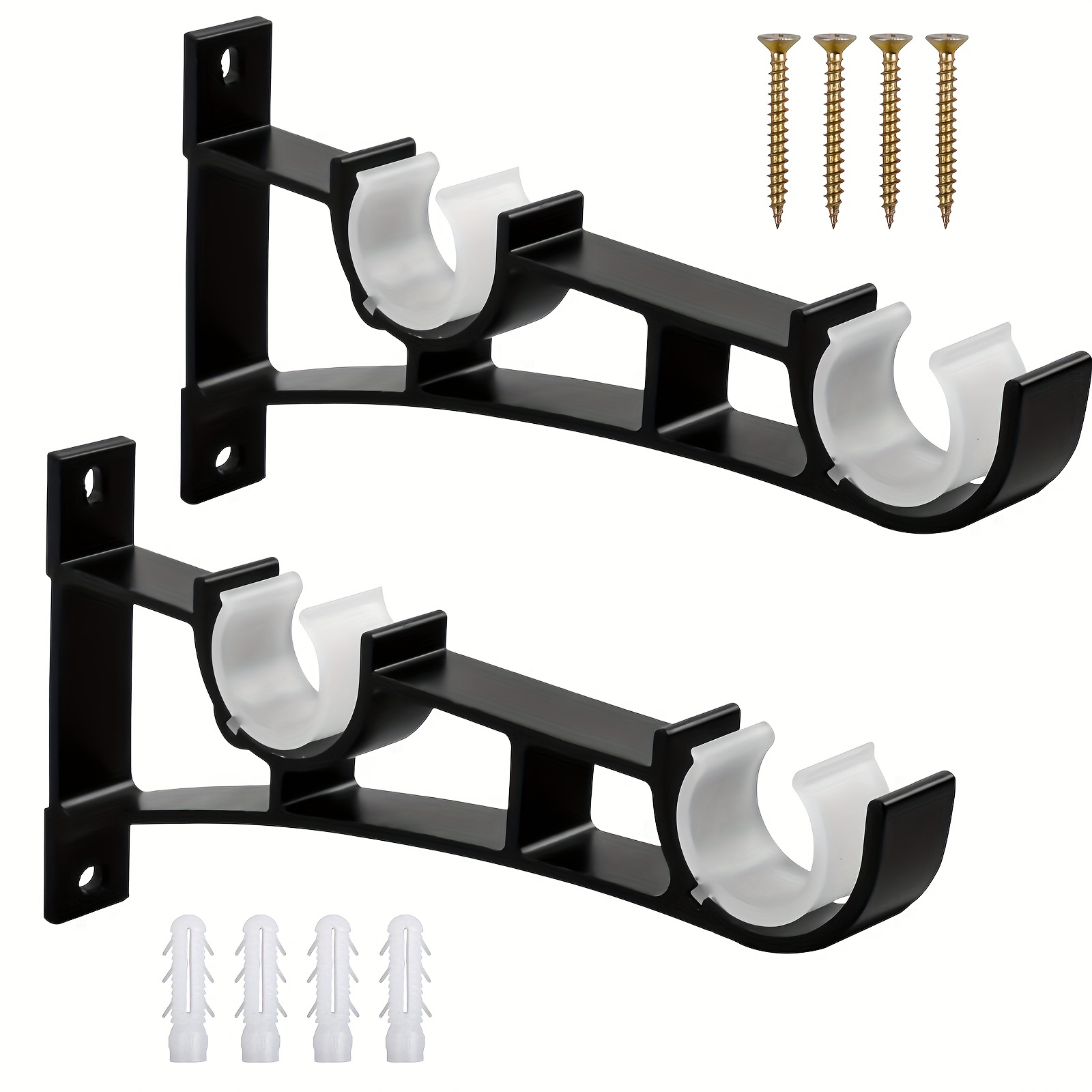 

2 Sets Heavy Duty Curtain Rod Brackets - Double Curtain Rod Holder Hooks For Clothes Rods - Black Metal Curtain Pole Brackets With 4 Screws - Supports Up To 50kg
