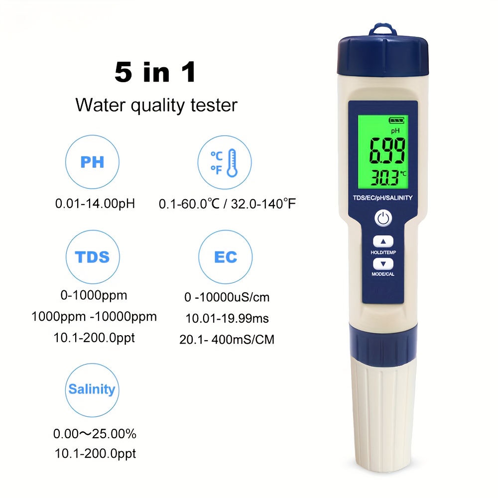 testeur de qualité de l'eau numérique 5 en 1 TDS EC PH salinité