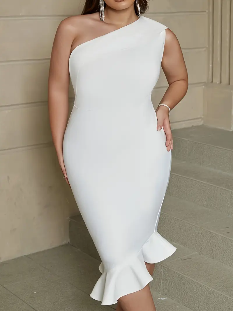 plus size solid ruffle hem bodycon dress casual one shoulder Temu