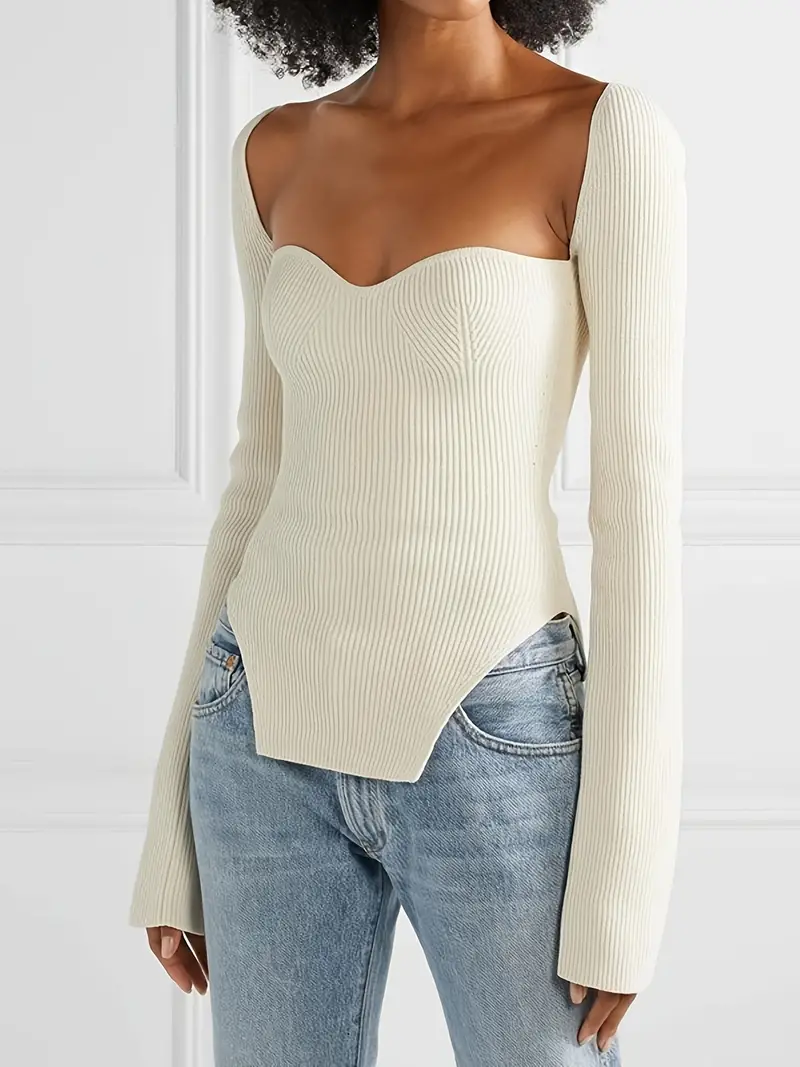 Solid Sweetheart Neck Knit Sweater Sexy Long Sleeve Slim - Temu Canada