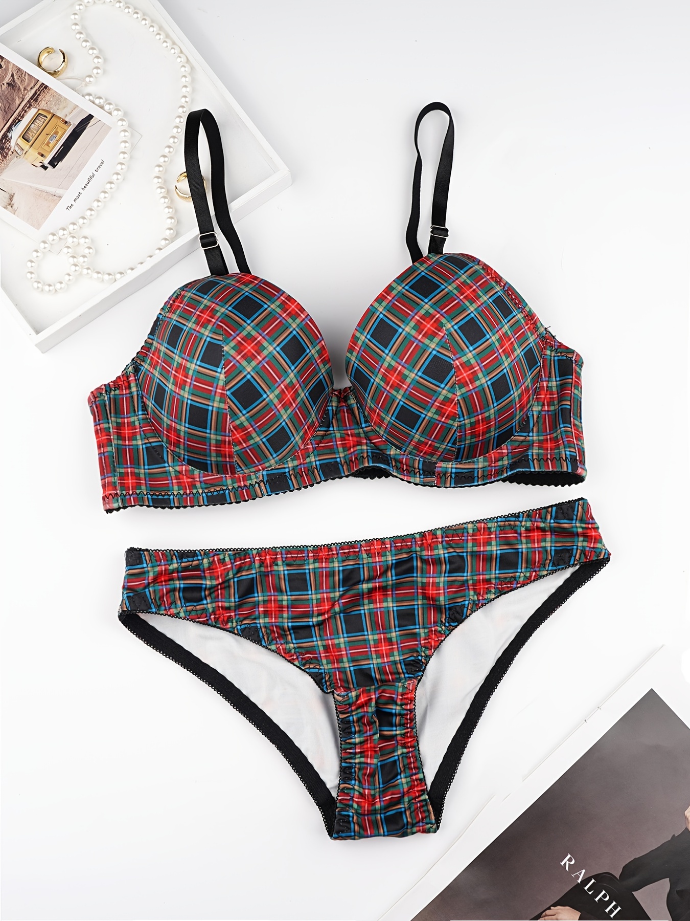 Women 2 Piece Lingerie Plaid Bra and Panty Sets, Underwire Push Up Sexy Bra  and Comfortable Seamless Bikini Panty Push Up Bralettes for Women Bralette  Femme Coton Black at  Women's Clothing