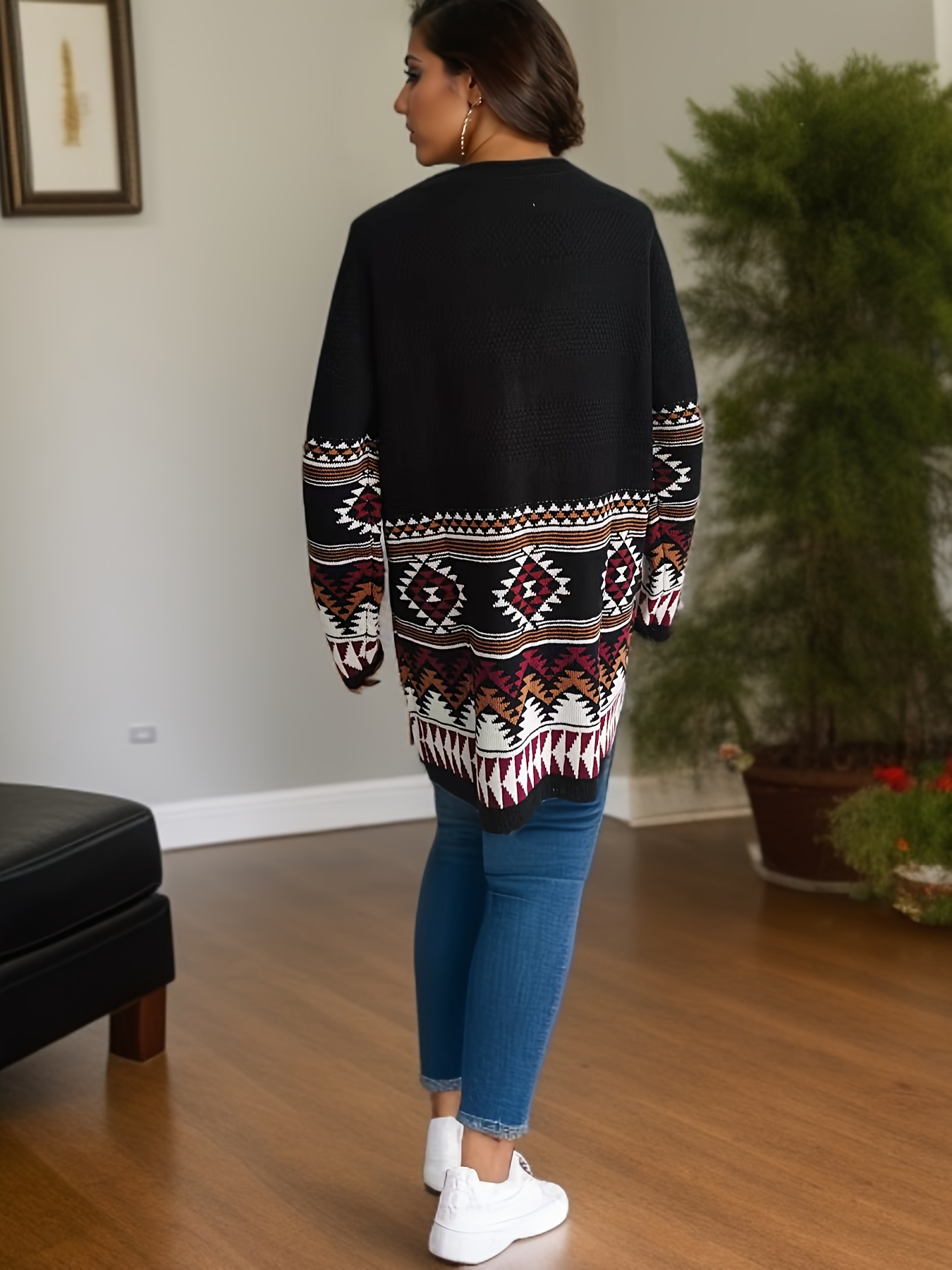 Aztec Pattern Open Front Cardigan, Casual Long Sleeve Sweater For Fall &  Winter, Women's Clothing