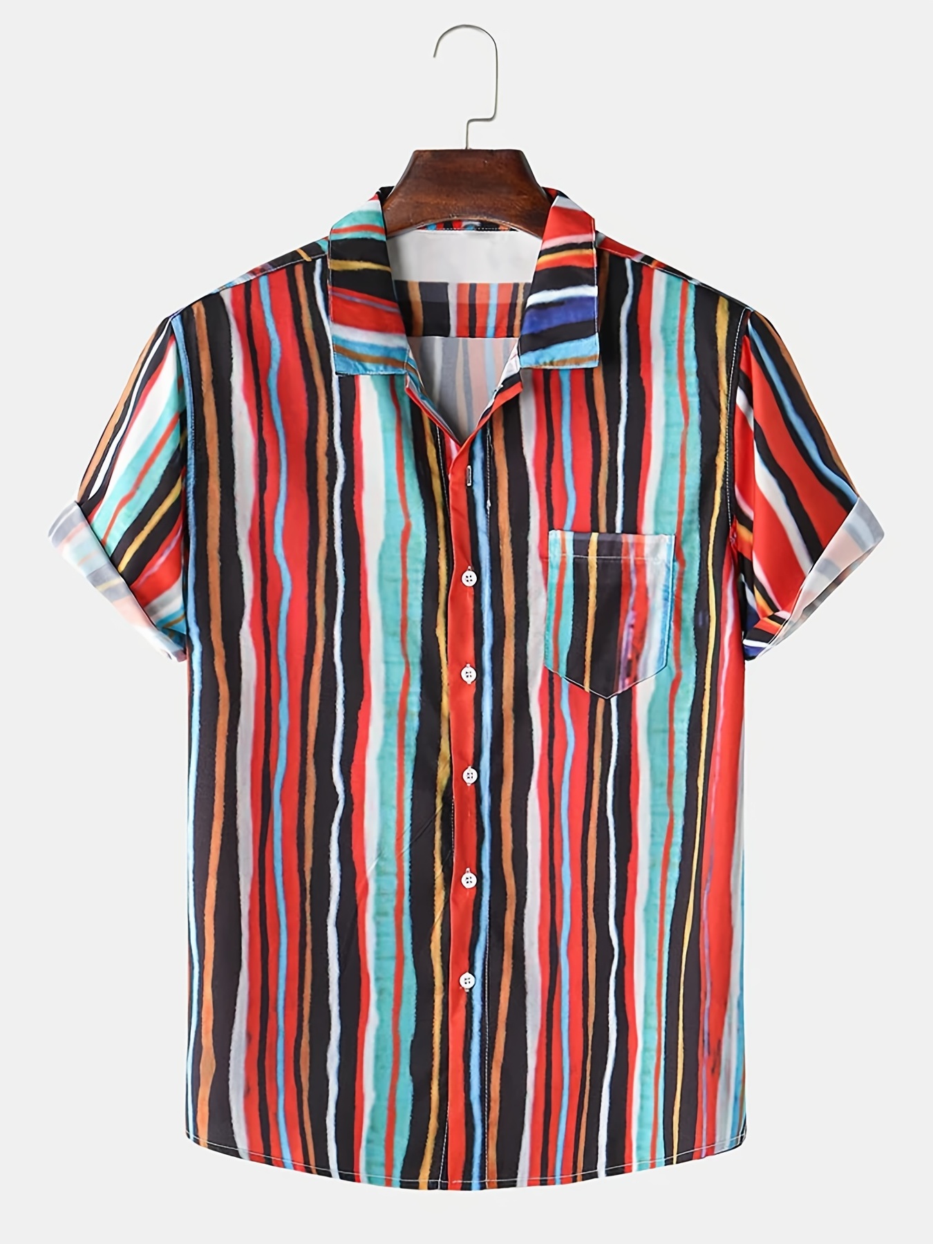 Temu Striped Print Lapel Neck Short Sleeve Shirt, Men's Cotton Blend Casual Summer Hawaiian Shirt Button Up Open Front Tops Beach Dress Shirts,Casual