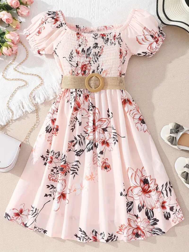 girls floral print shirred short sleeve casual dress belt for summer details 21