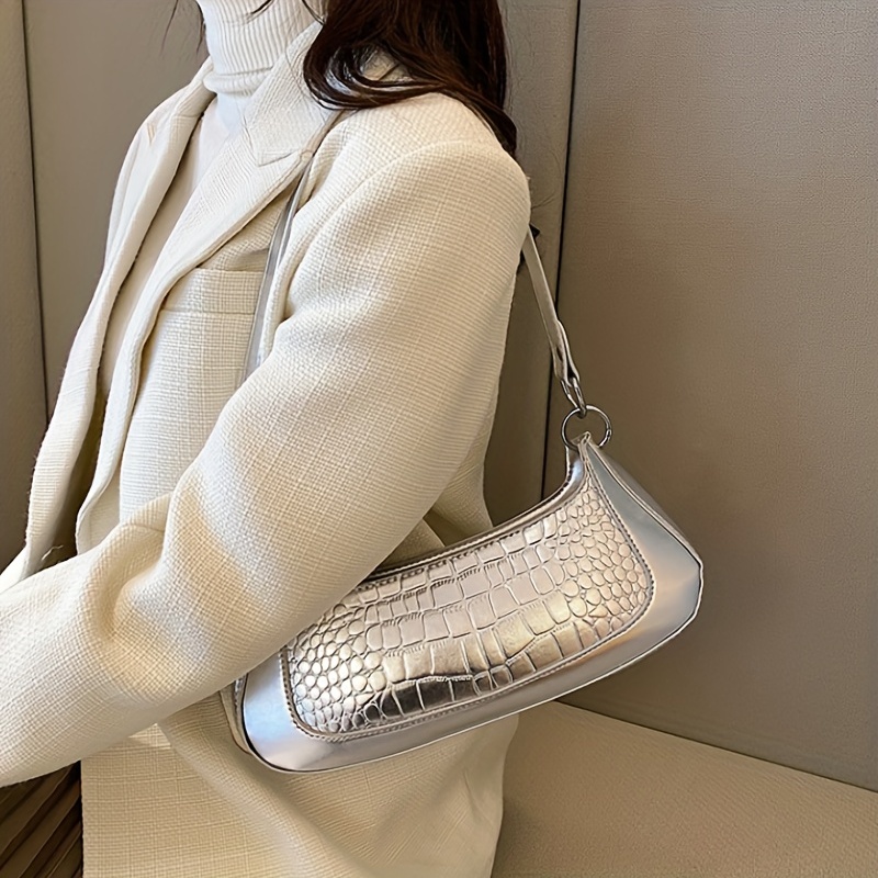 Crocodile Embossed Baguette Bag White Fashionable Shoulder Bag