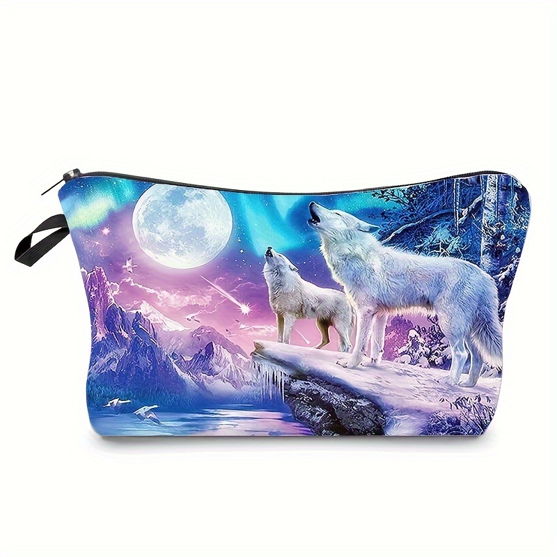 

Cool Wolves Print Makeup Bag, Portable Canvas Comestic Pouch, Toiletry Wash Organizer For Travel