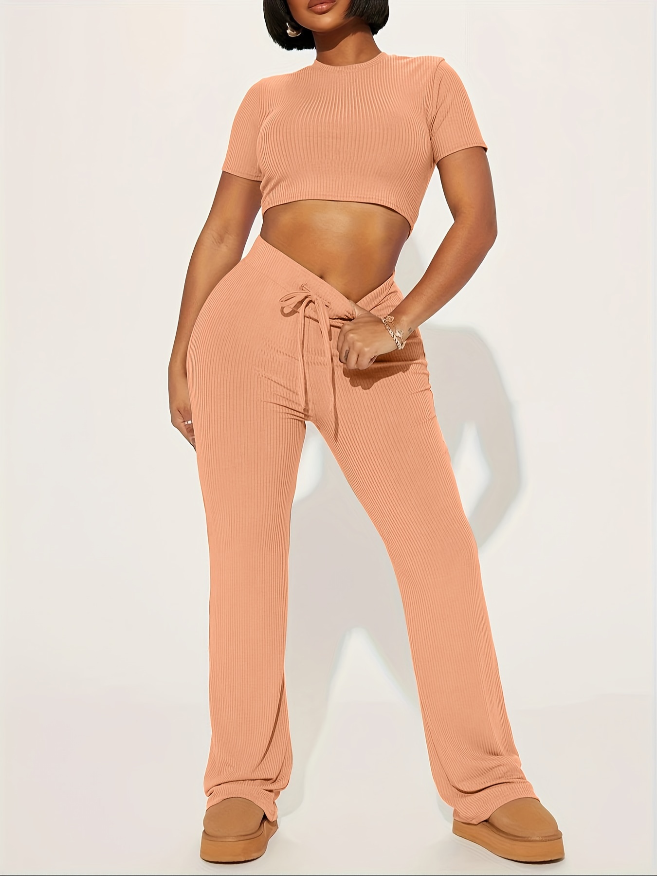 Solid Casual Two-piece Set, Sleeveless Cropped Tops & Workout Drawstring  Leggings Outfits, Women's Clothing
