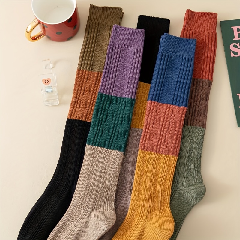 Image of 1 Pair/5 Pairs Of Thick- Three-color Long Tube Socks For Autumn/winter, Color- Mid-calf Socks For Women, Ins-style Trendy Academic Look, -friendly, Knee-high