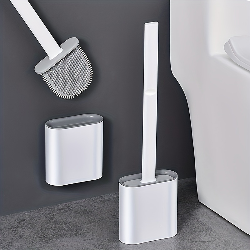 Mini Toilet Brush With Holder Set Long Handle Black Silicone