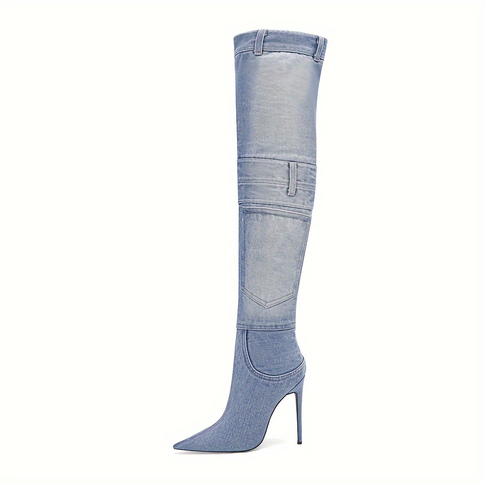 high heeled knee boots women s pointed toe stiletto denim details 1