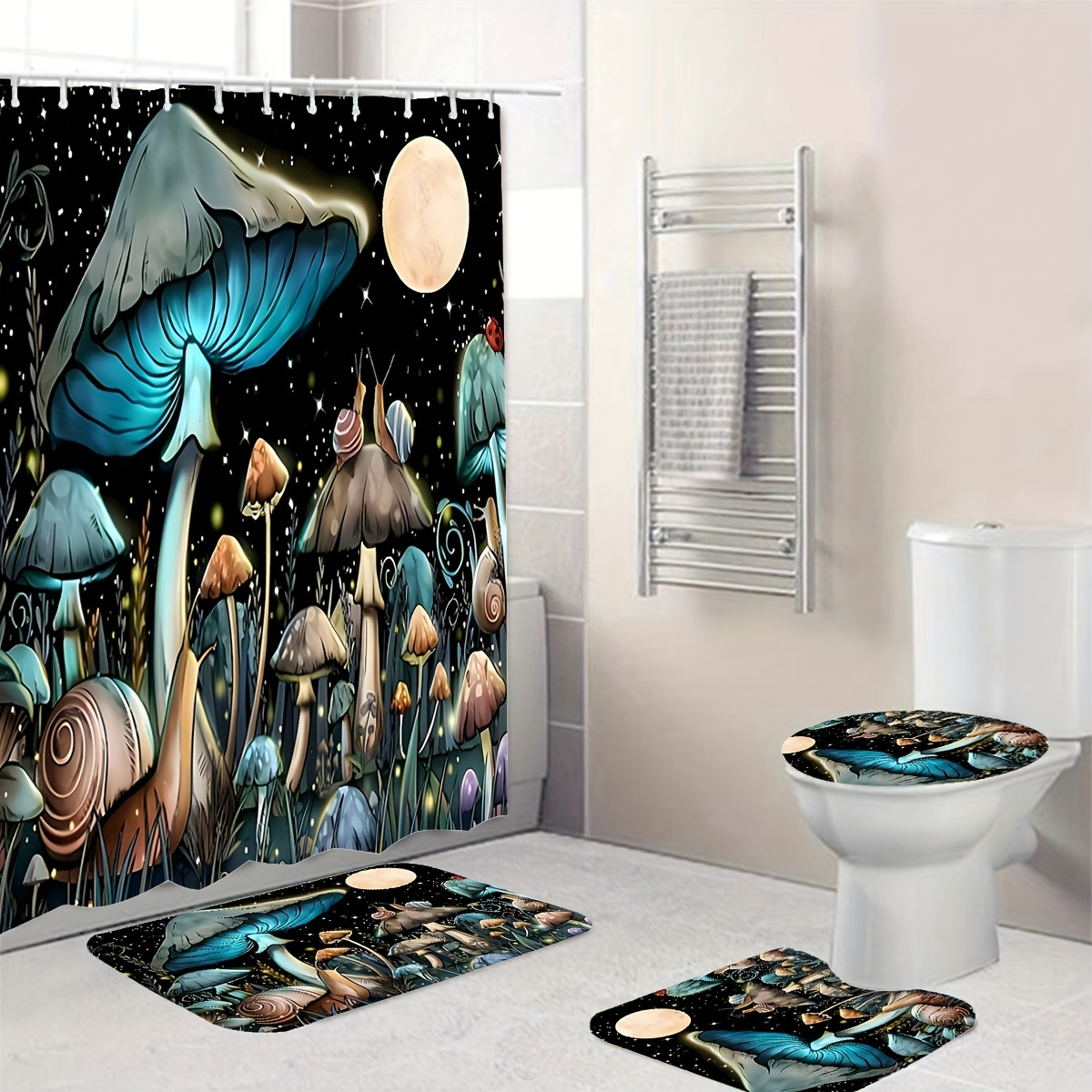 Forest Mushroom Magic Waterproof Shower Curtain Bath Mat Toilet Cover Set  Mat