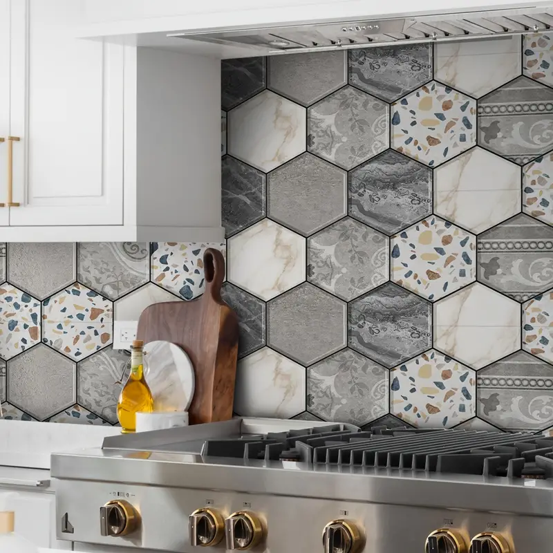 Marble Pattern Flower Brick Kitchen Wall Stickers Hexagonal - Temu