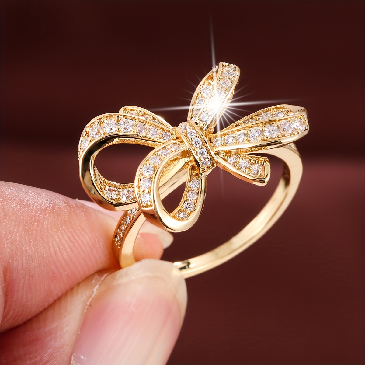 

Trendy Bow Sparkling Zircon Ring Elegant Golden Ring Casual Jewelry For Women Daily