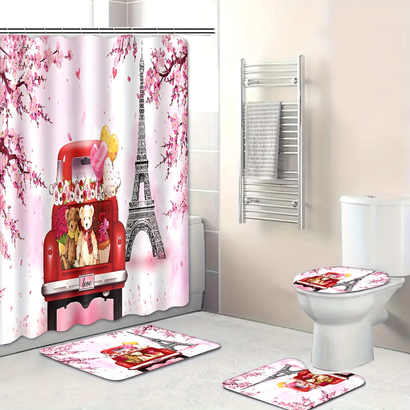 4pcs Valentine's Day Shower Curtain Set Farmhouse Romantic Rose Gnome Couple Red Heart Tree Valentine Shower Curtain for Bathroom Decor Fabric