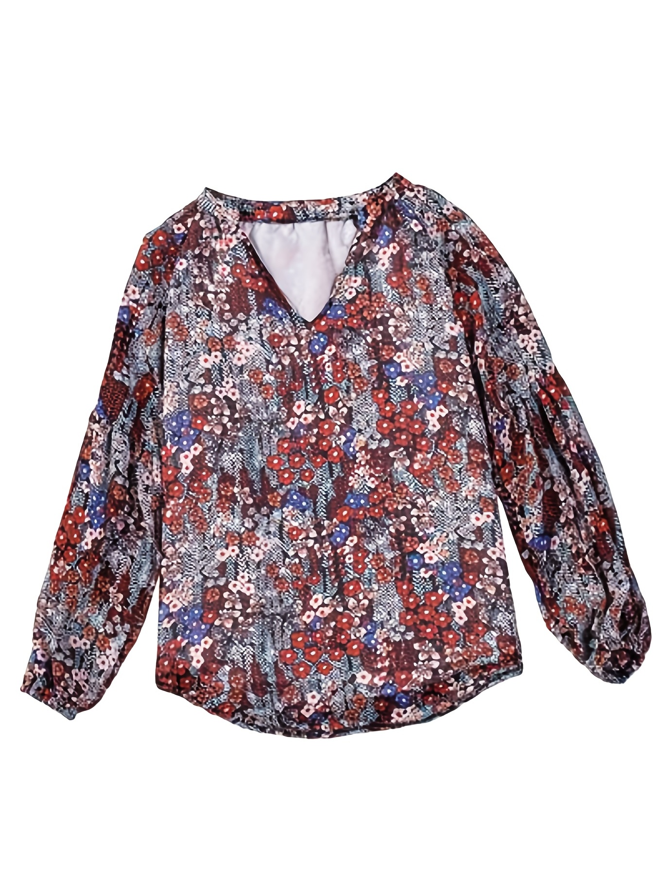 Ladies Floral Print Lantern Sleeve Blouse, V-Neck Long Sleeve Blouse,  Casual Every Day Tops, Women's Clothing