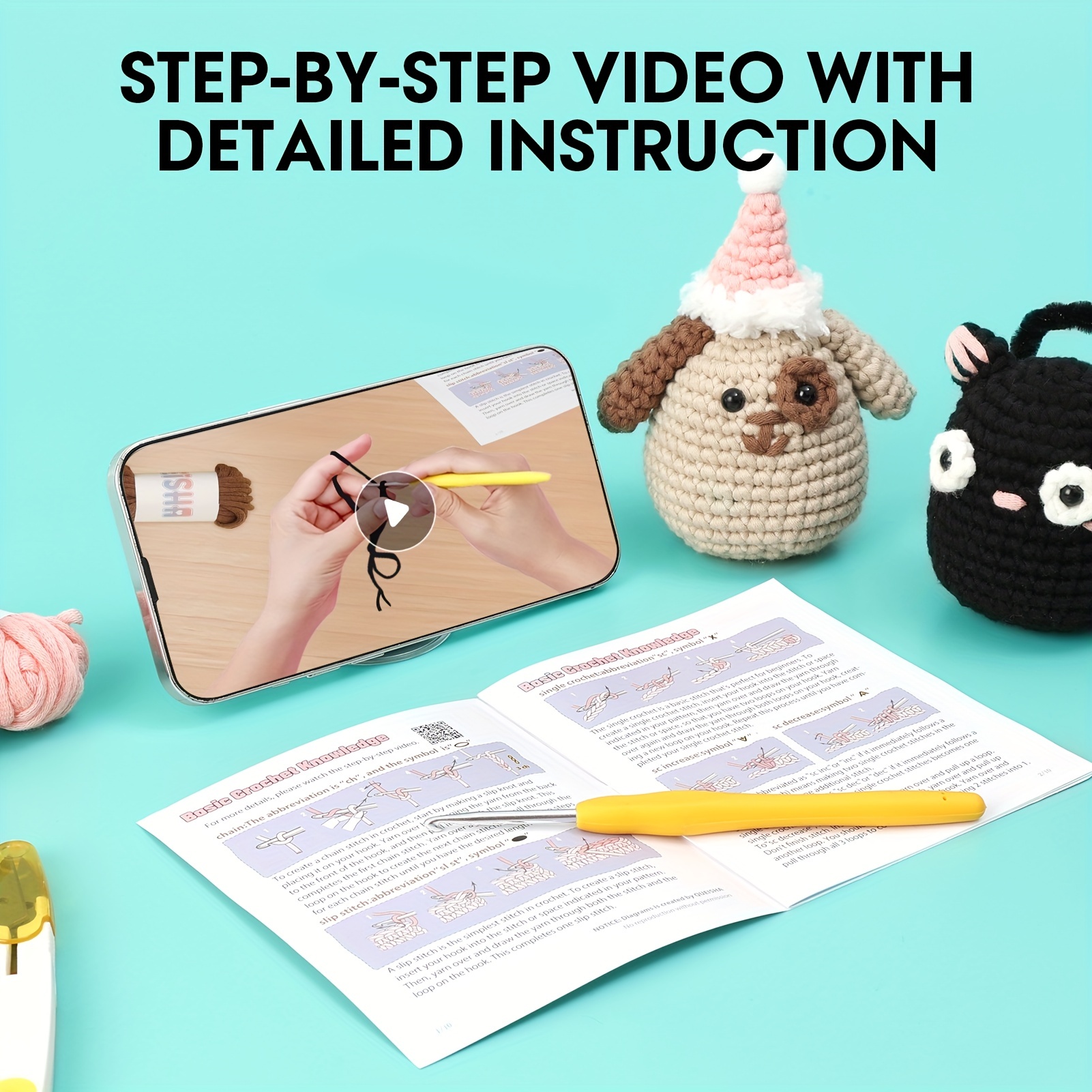 QUESISHA Crochet Kit For Beginners With Easy Peasy Yarn,Cute Dog&cat  Crochet Kit With Picture&Text Instructions And Step-by-Step Video Tutorials  For C