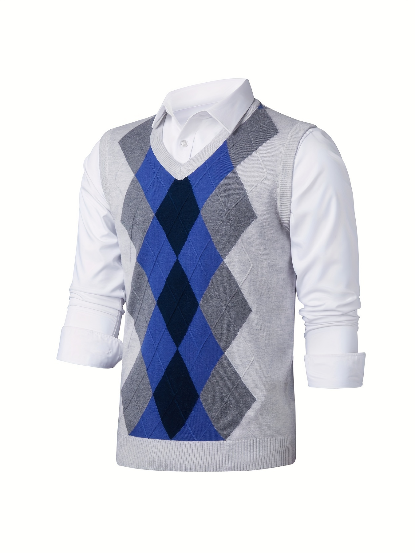 *'s V-neck Retro Preppy Argyle Casual Sleeveless Knitted Sweater Vest *'s  Clothing For Autumn Winter