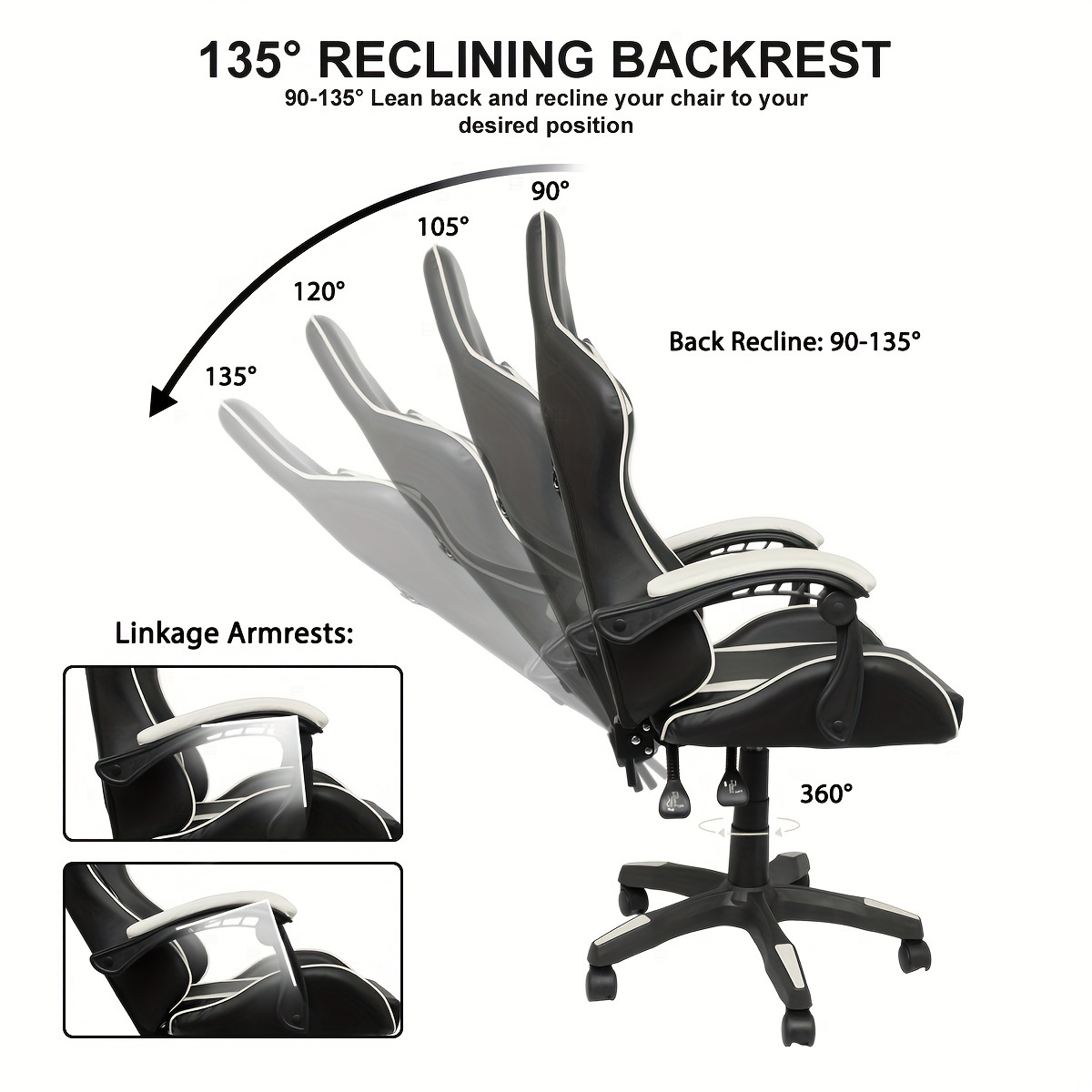 1 pc Gaming Chair Office Chair, Reclining High Back PU Leather Computer Desk Chair with Headrest and Lumbar Support,Ergonomic Racing Chair,Adjustable Swivel Rolling Video Game Chairs for Office,white details 7