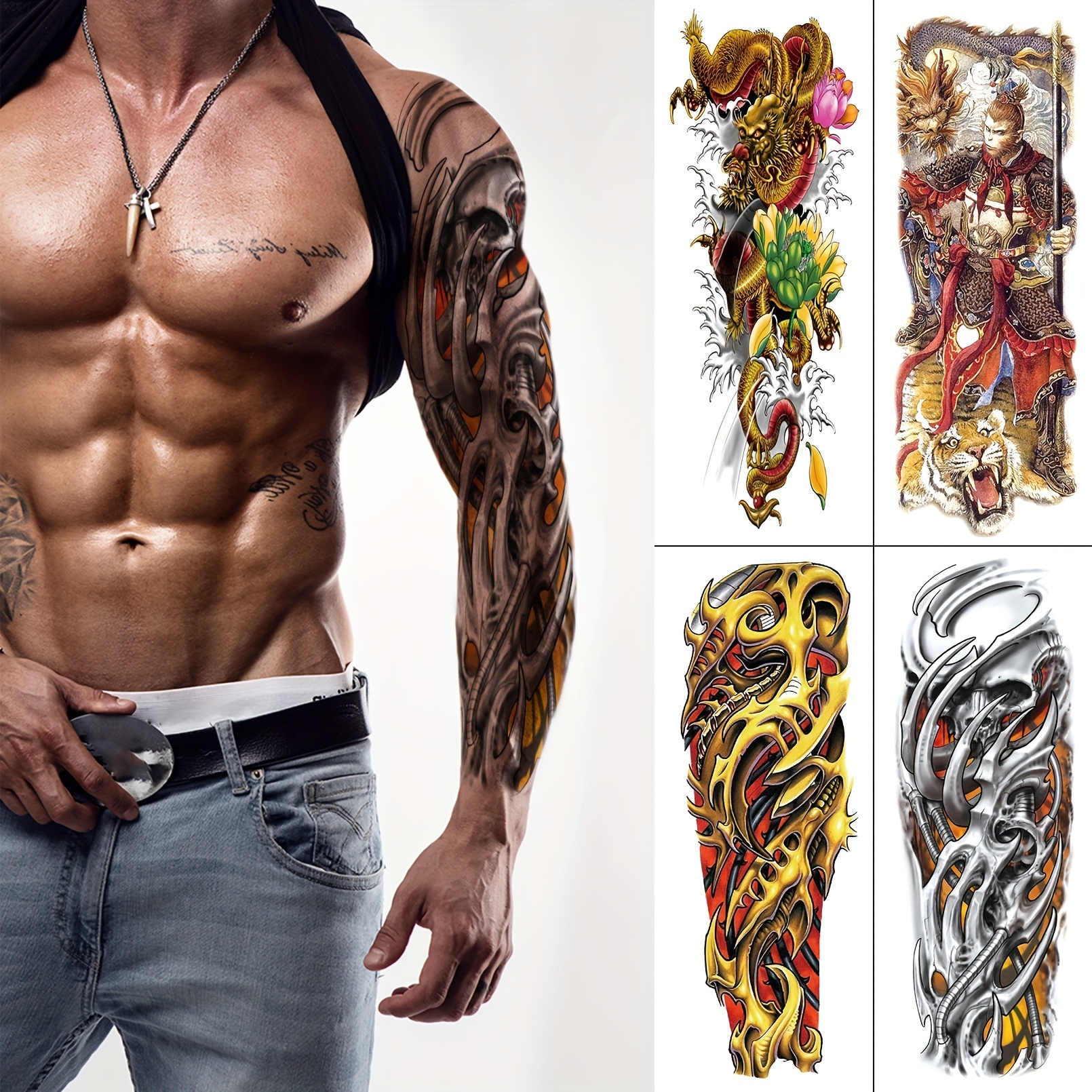 4 Sheets Full Arm Temporary Tattoo Dragon Tiger Monkey King Skeleton Pattern