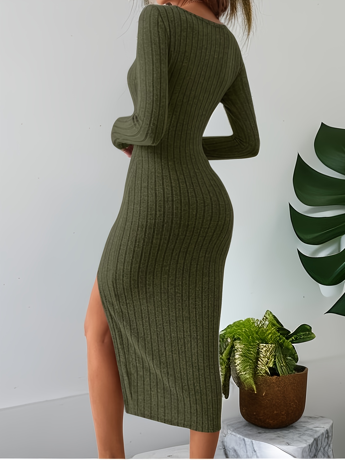 Olive Ribbed Long Sleeve Dress