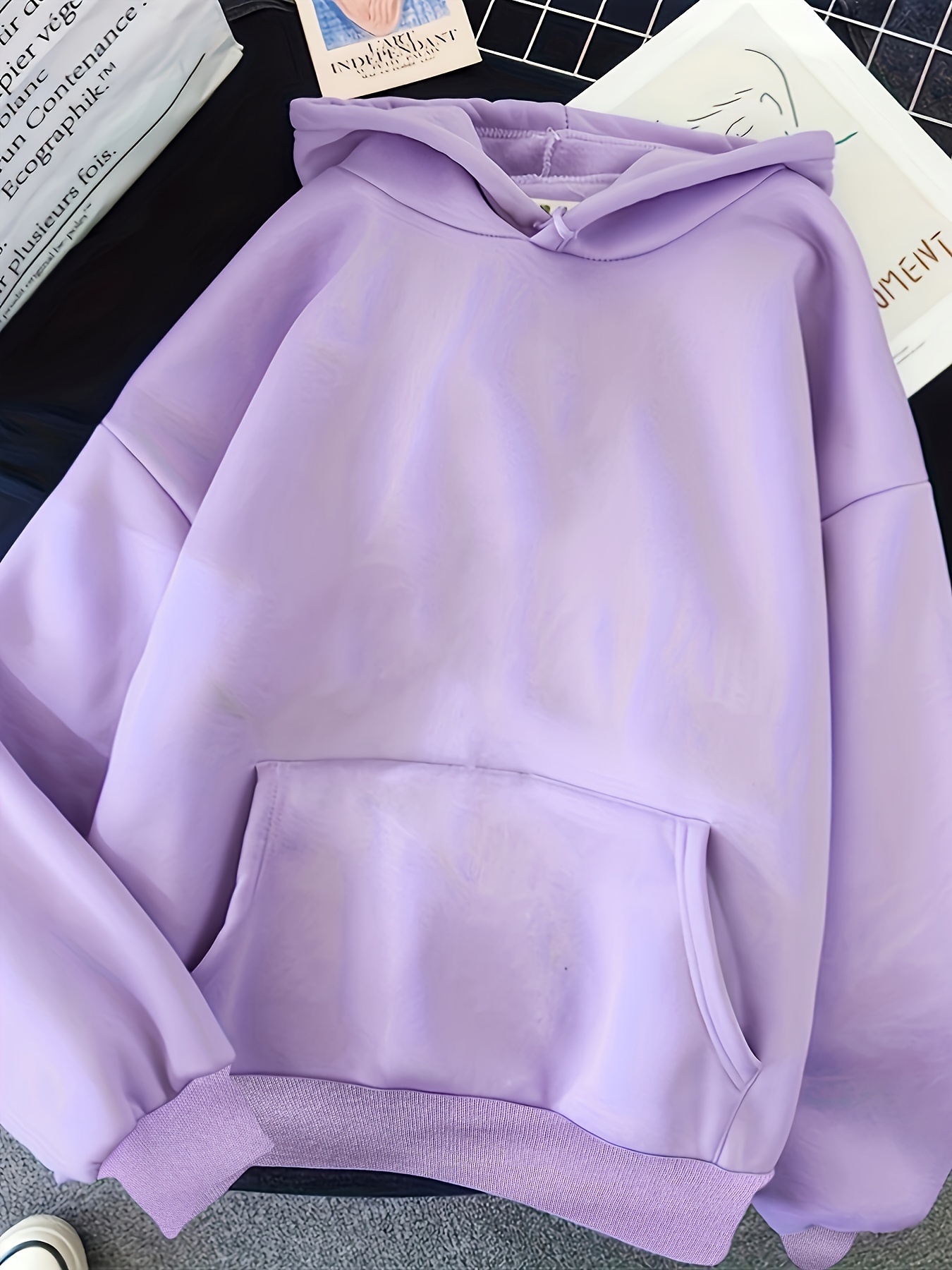 Solid Color Kangaroo Pocket Hoodie, Casual Long Sleeve Drawstring Hoodie  Sweatshirt, Women's Clothing