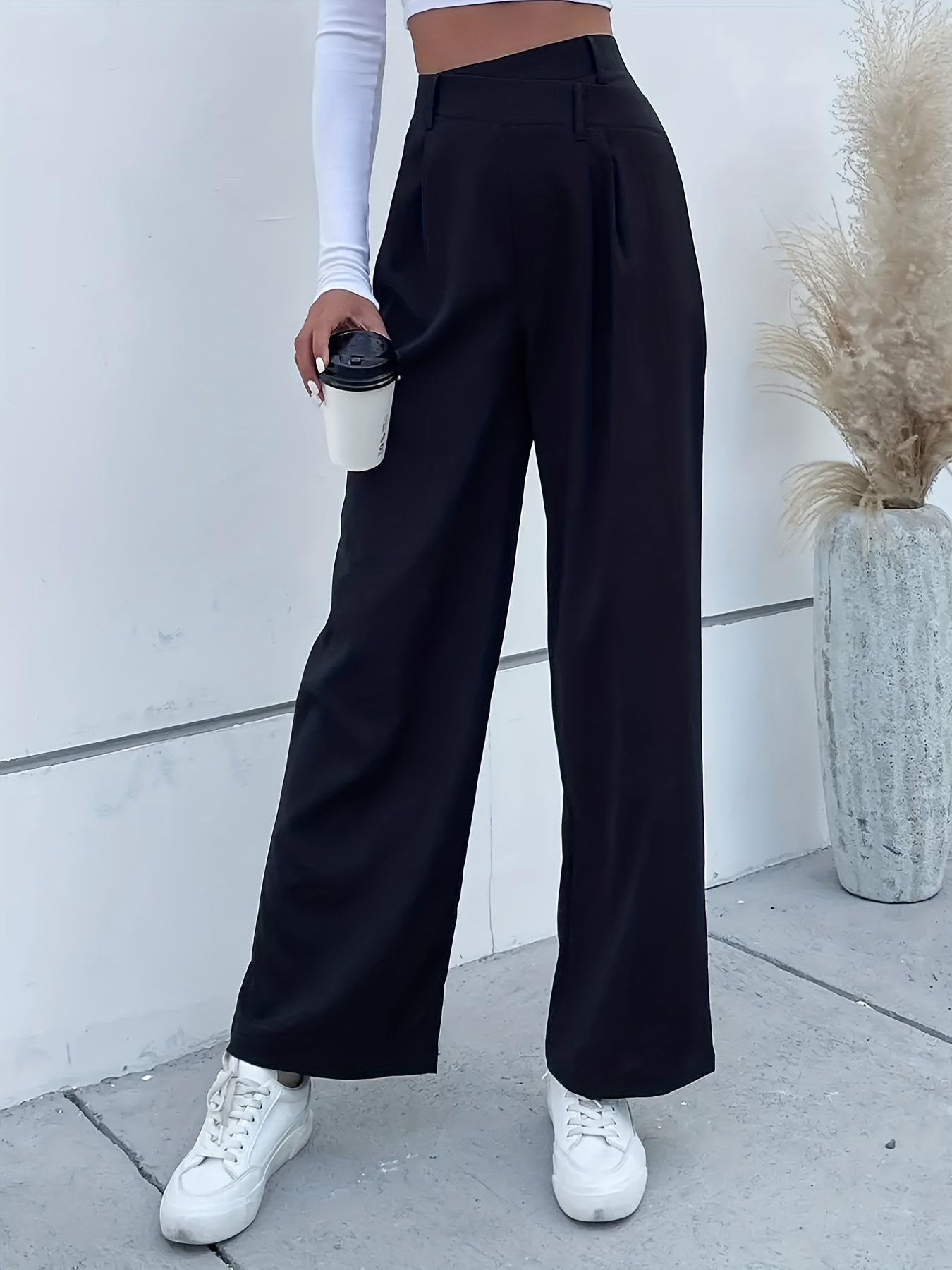 Viatabuna High Waisted Pleated Pants for Women Work Office Solid Casual Pants  Straight Leg Dress Pants at  Women's Clothing store