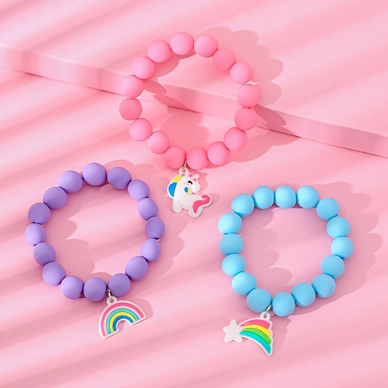 GC 10 PCS Girls Kids Rainbow Beaded Bracelet with Cute Unicorn Rainbow  Heart Star Pendant Stretchy Costume Jewelry Set Gift Play Party Favors  Present