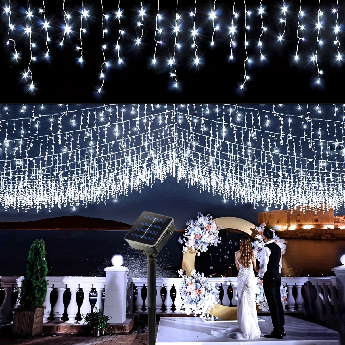 1pc icicle lights outdoor solar curtain lights 4m 13ft 96led 8 modes icicle christmas lights with 16 drops yard light icicle string lights waterproof lights for indoor patio tree house decor christmas halloween decorations details 1