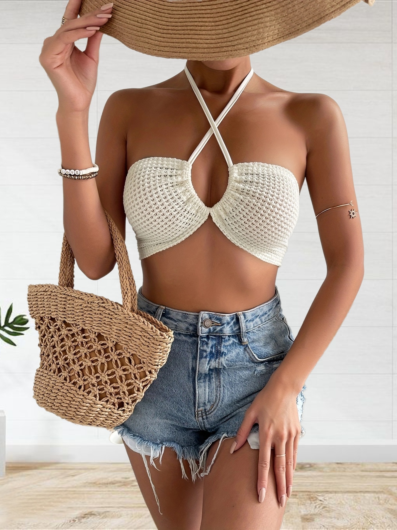 Solid Sexy Two piece Set Backless Cropped Bralette Top High - Temu