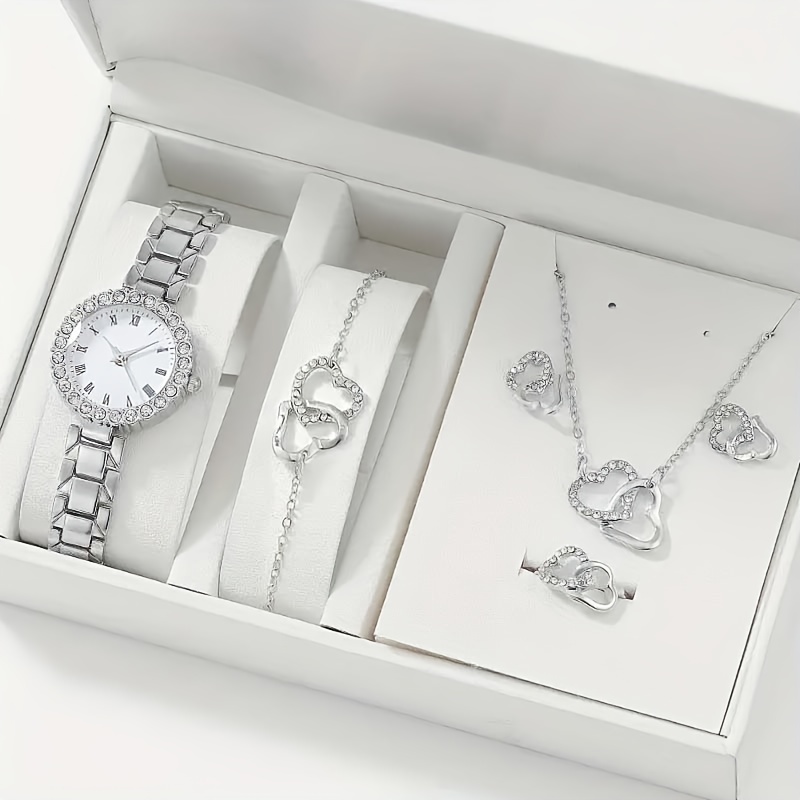 

1pc Rhinestone Decor Quartz Watch Flower Pointer Analog Dress Watch & 5pcs Jewelry Set, Gift For Mom/girlfriend