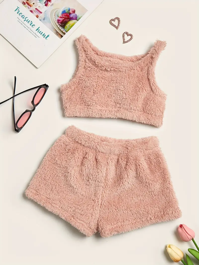 Girl's 2pcs Plush Crop Top & Elastic Waist Shorts Set, Solid Color Tank  Top, Trendy Casual Outfits, Kids Clothes For Summer