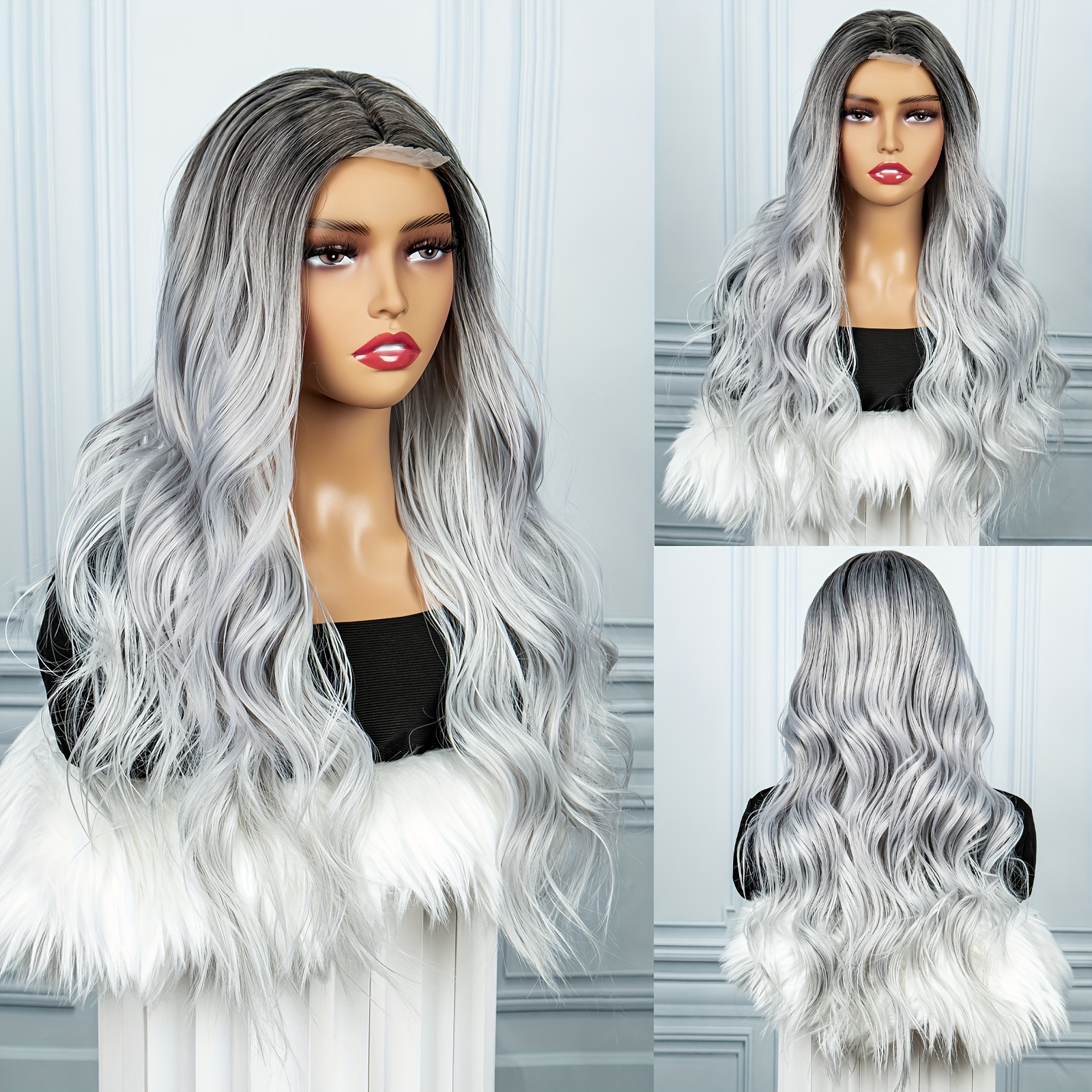 Long Wavy Curly Colored Wigs With Bangs Purple Omber Gray Synthetic Wig