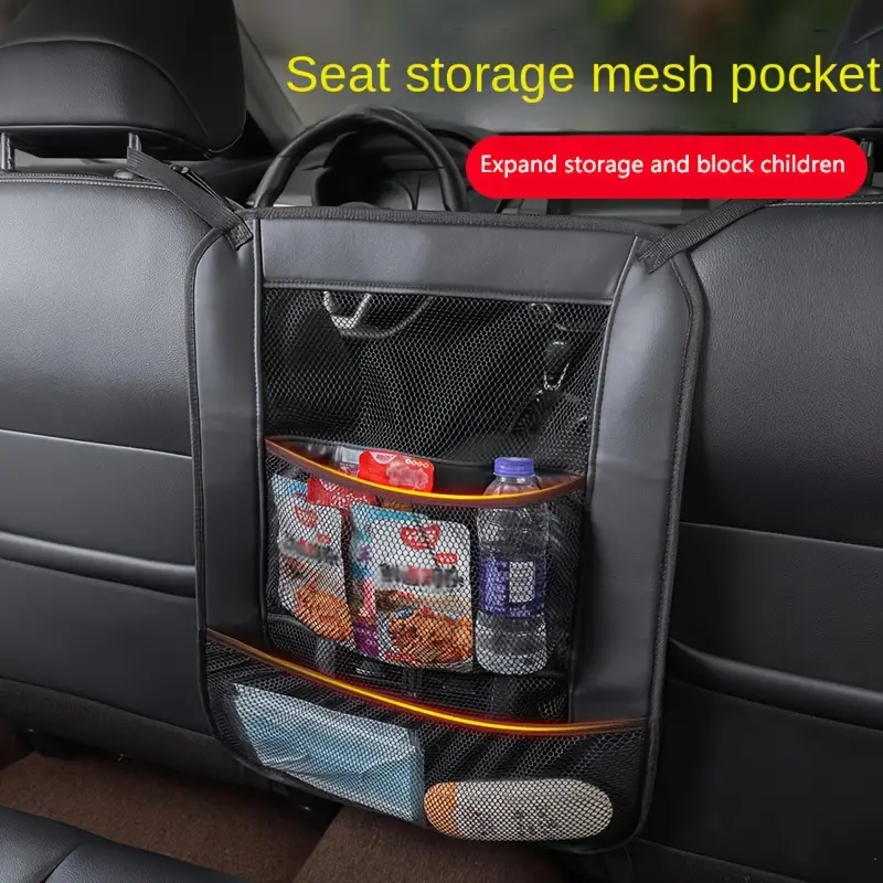 Car Storage Mesh Bag Hanging Between Seats, Car Styling Pu Leather Storage  Bag, Elastic Mesh Storage Bag, Car Accessories Pets Stopper - Temu
