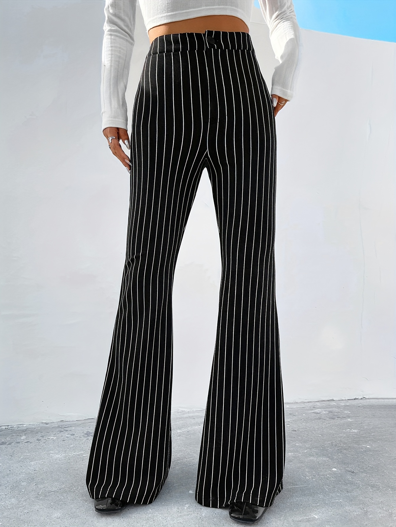 Floral Colorblock Stripe Print Flare Leg Pants Boho High - Temu