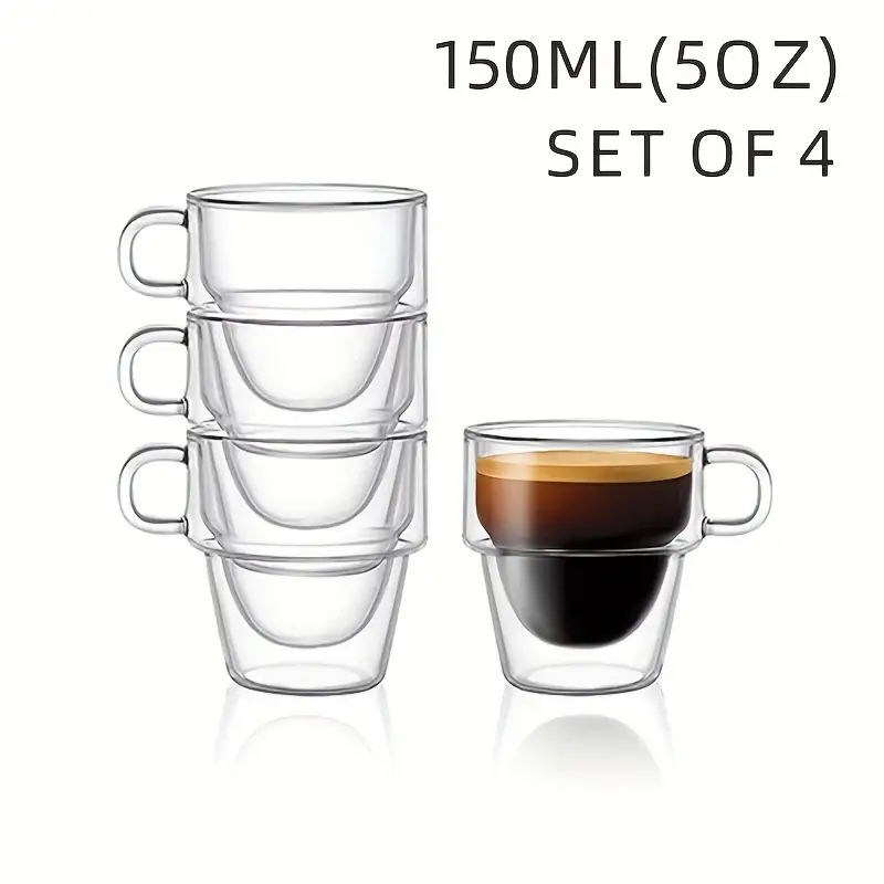 Double Glass Insulated Espresso Cup With Handle, Stackable Clear
