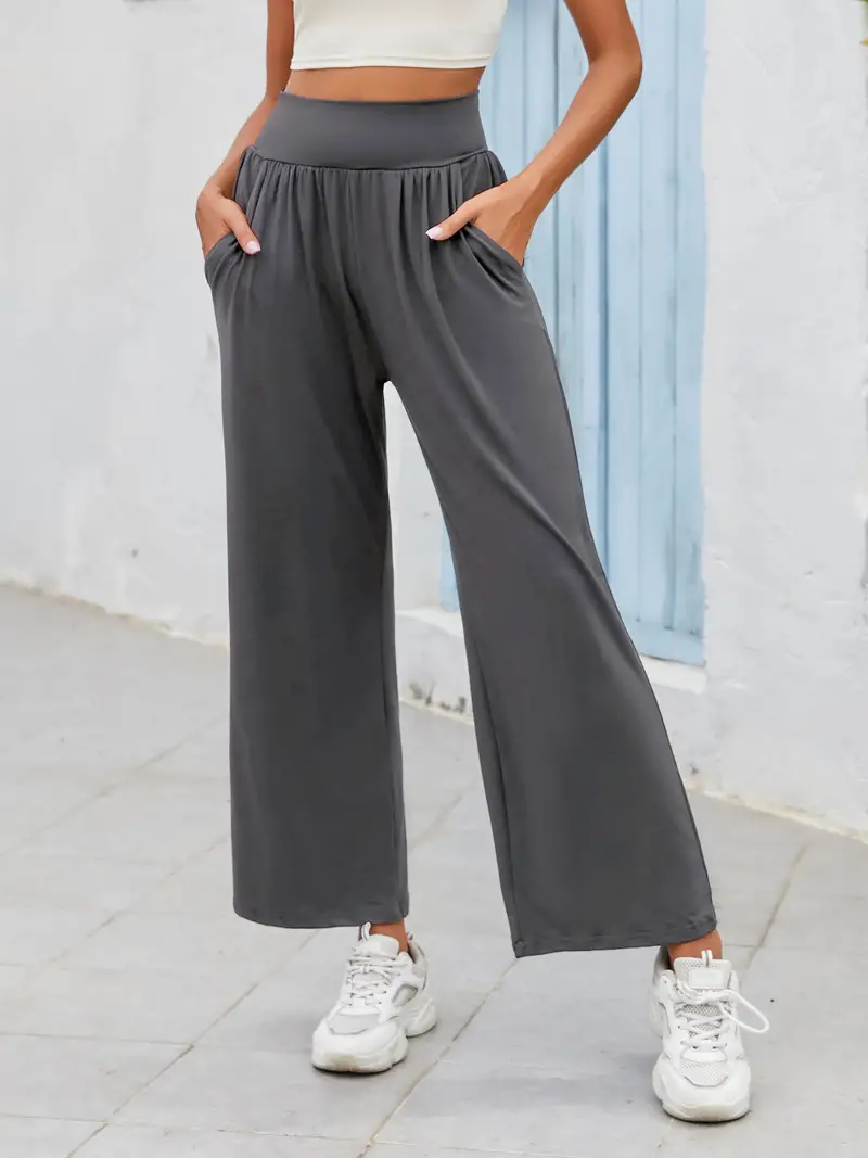 Womens Solid Color Sports Wide Leg Pants Breathable High - Temu