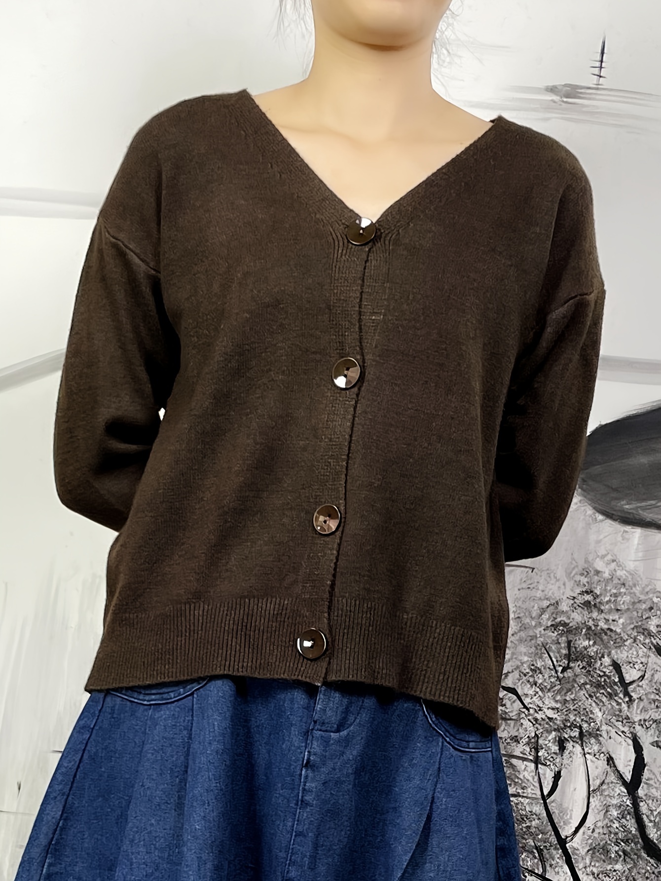 Solid Button Knit Cardigan Casual V Neck Long Sleeve Sweater - Temu