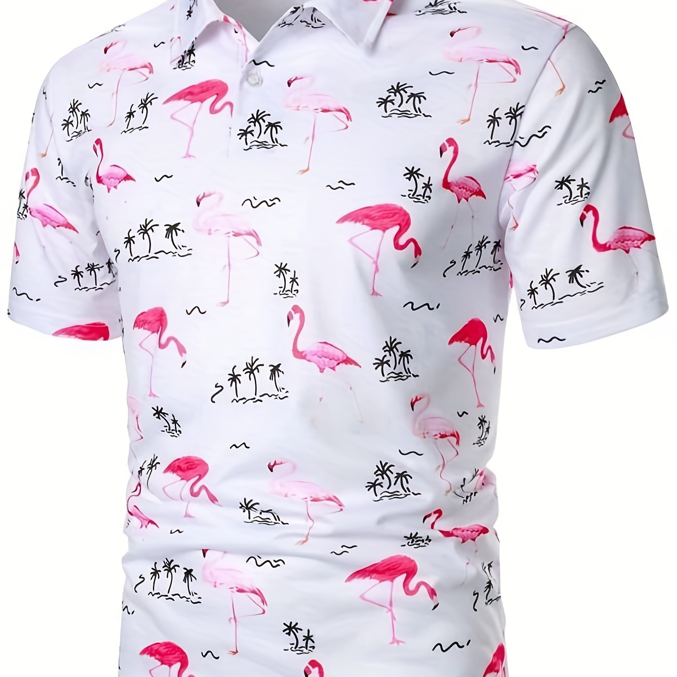 

Flamingo Print Men's Casual Button Up Short Sleeve Lightweight Shirt, Men's Shirt For Summer, Tops For Men