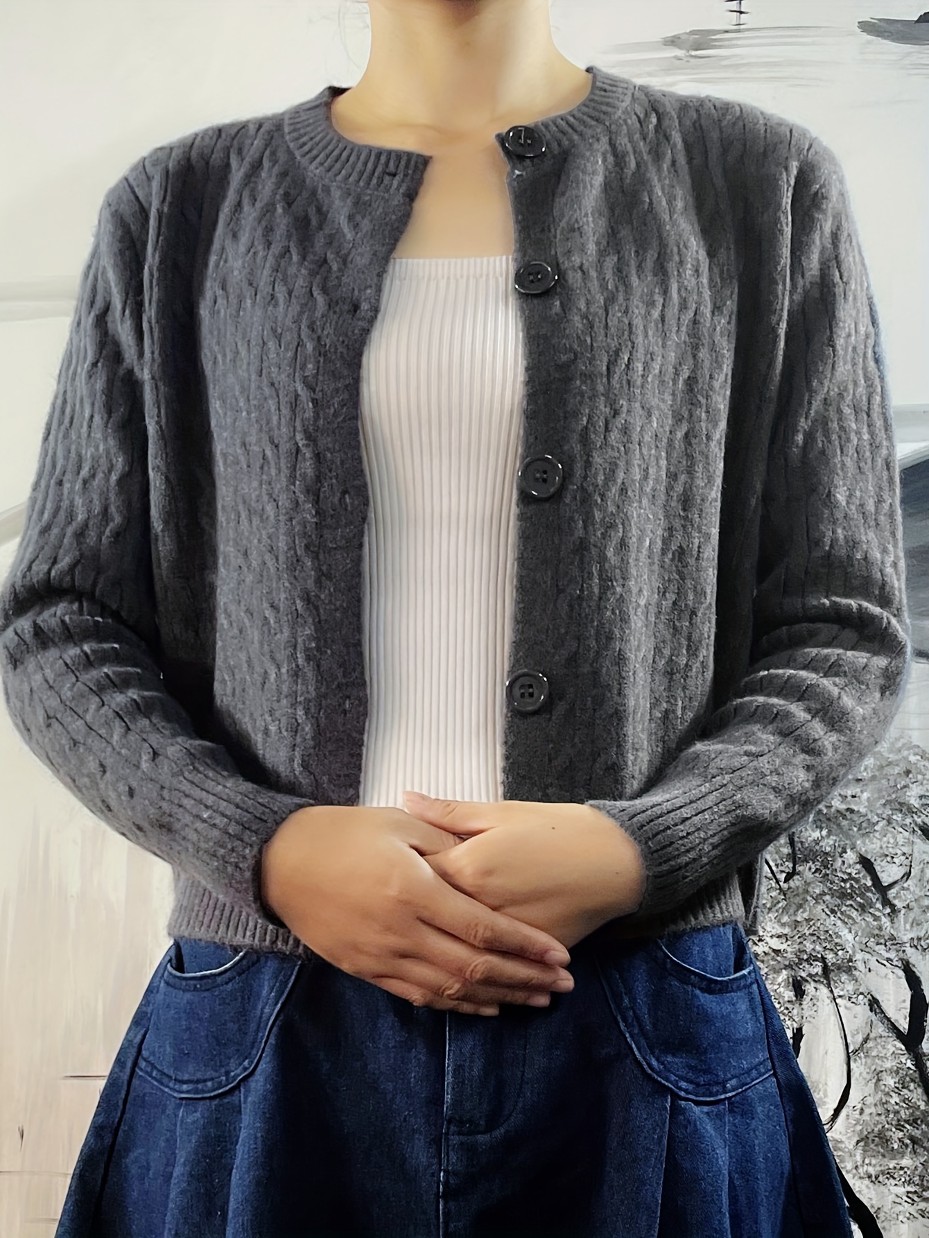 Solid Button Pointelle Knit Cardigan Casual Long Sleeve - Temu