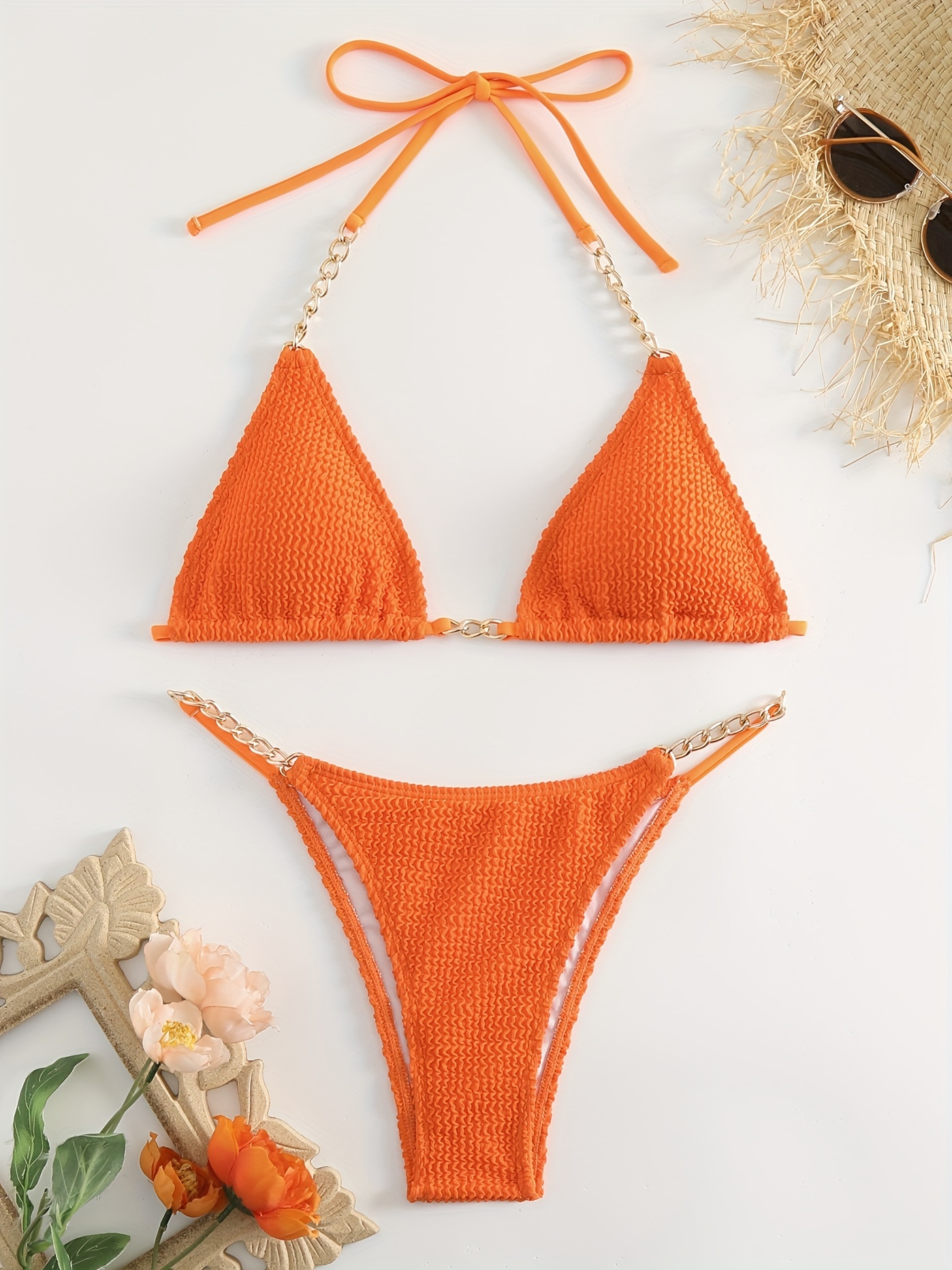 Halter Neck Tie Back Bikini Set, Sexy Solid Triangle Thong Bikini Swimsuit  Beachwear Swimwear Set