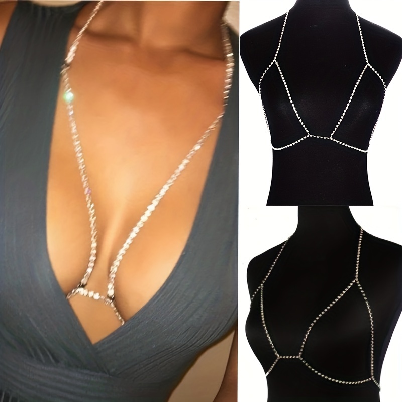 Women Rhinestone Harness Body Chain Bra Bikini Beach Chest Jewelry Fashion