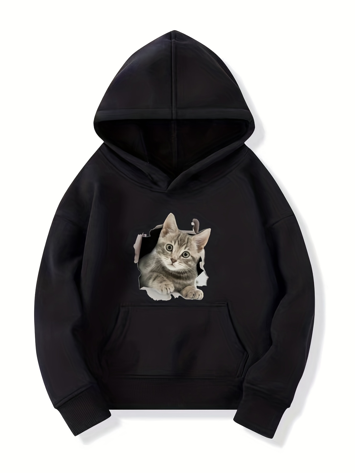 Cute Cat Print Girls Fleece Lined Hooded Jacket Casual Long - Temu