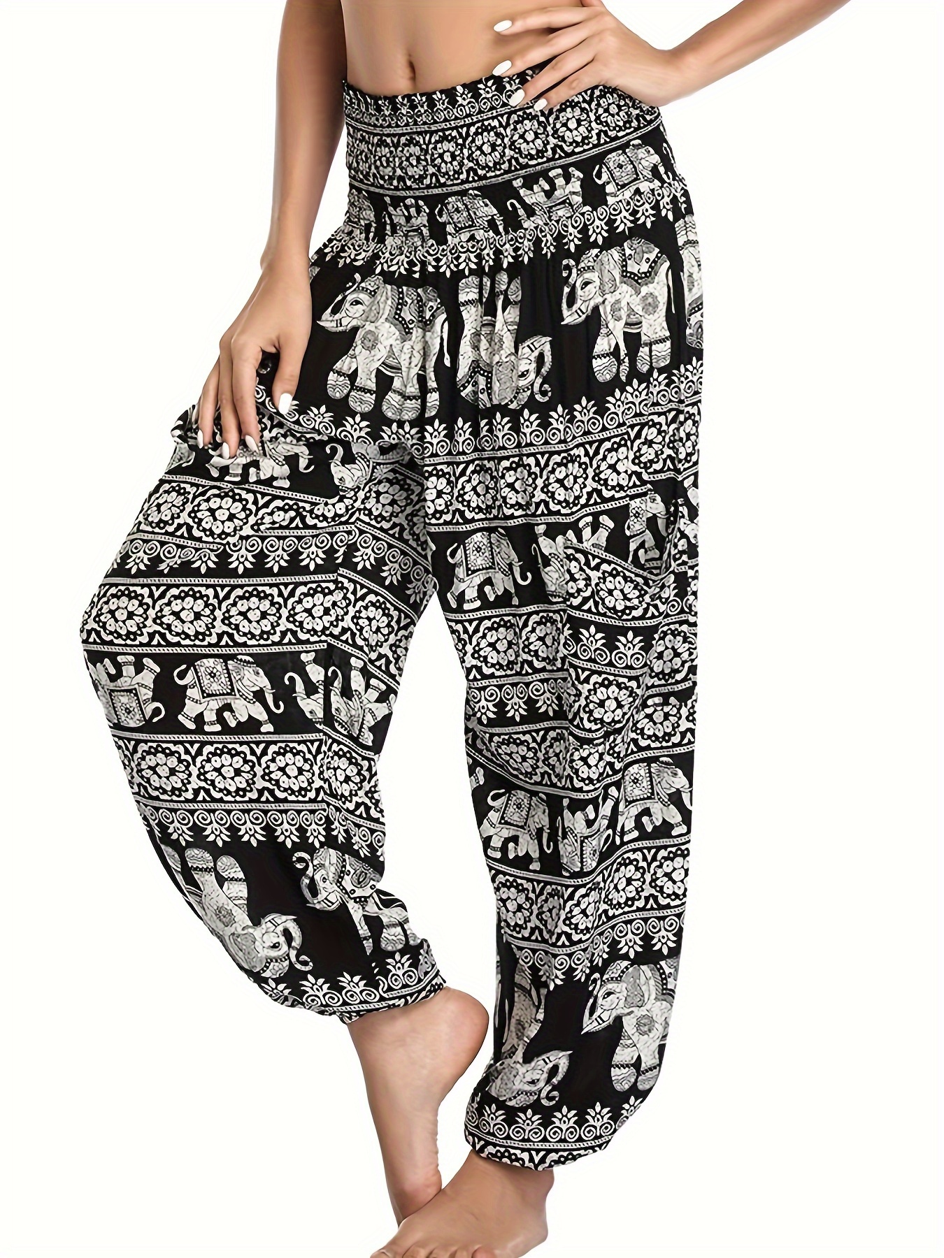 Plus Size Boho Lounge Bottoms, Women's Plus Elephant Print Elastic Waist  Home Wear Pants