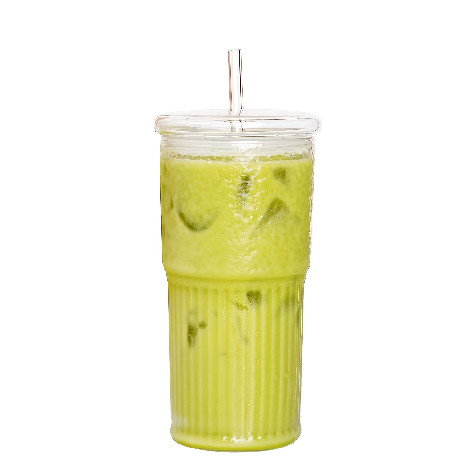 Iced Matcha Glass Cup, 16oz Glass Can With Lid and Straw 