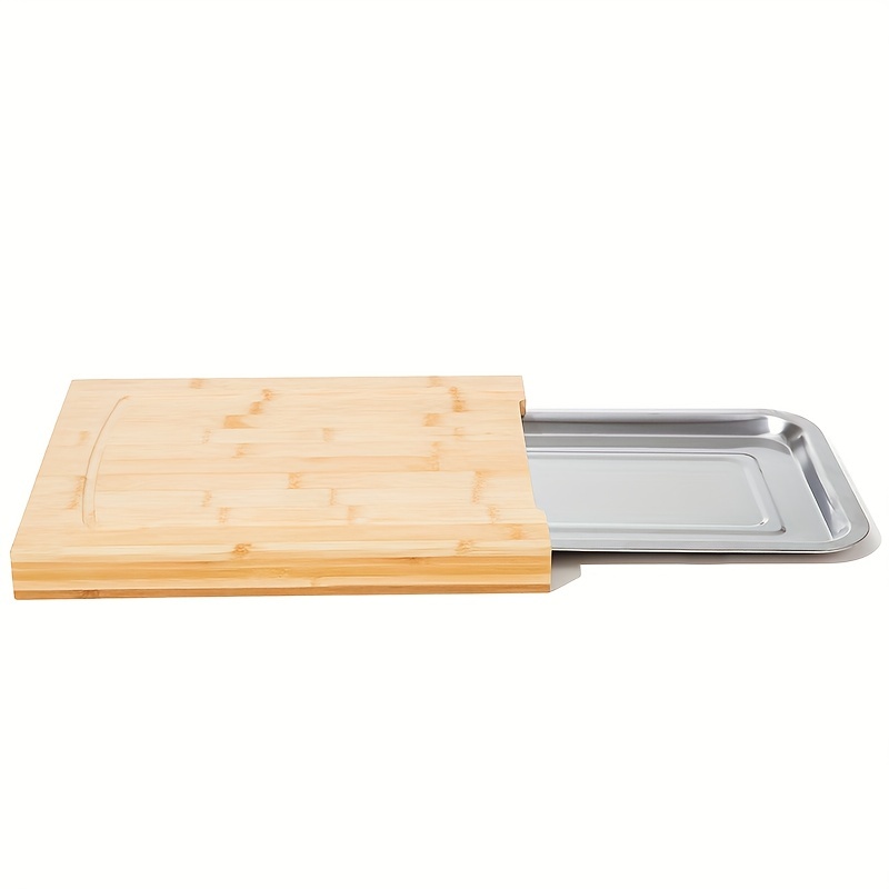 Bamboo Cutting Board With Tray, Bamboo Cutting Board With Sliding Out Tray, Chopping  Board With Non-slip Pads, Fruit Cutting Board With Stainless Steel Trays,  Kitchen Utensils, Apartment Essentials, Back To School Supplies 
