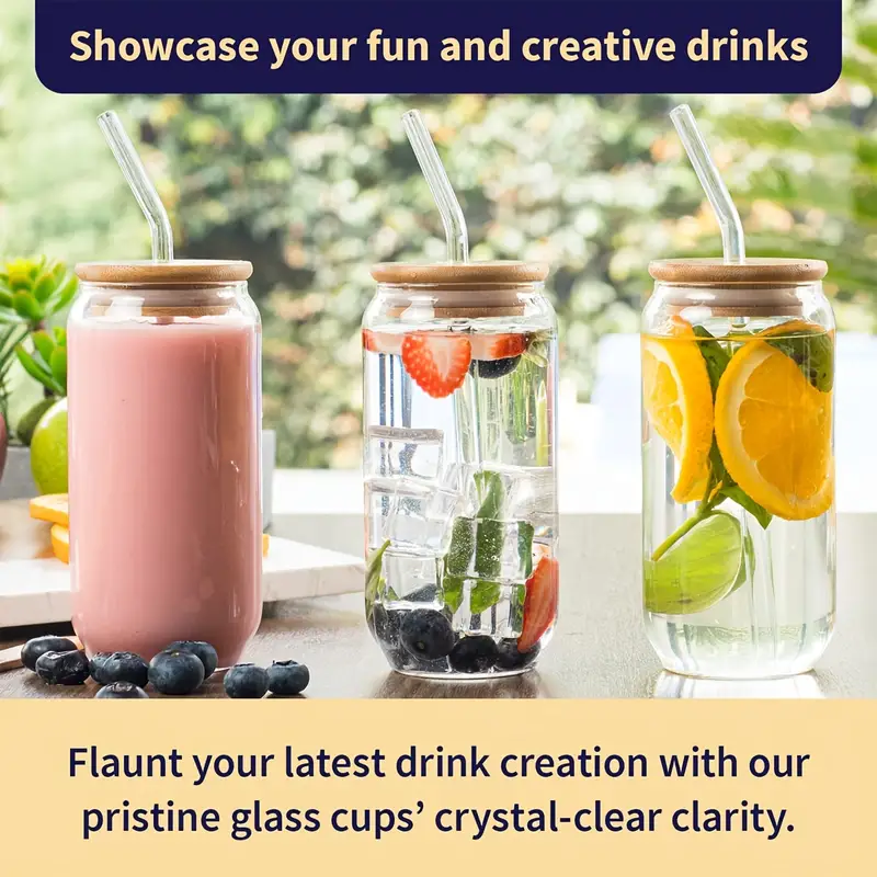 Glass Cups With Lids Straws And Cleaning Brush - Drinking Glasses