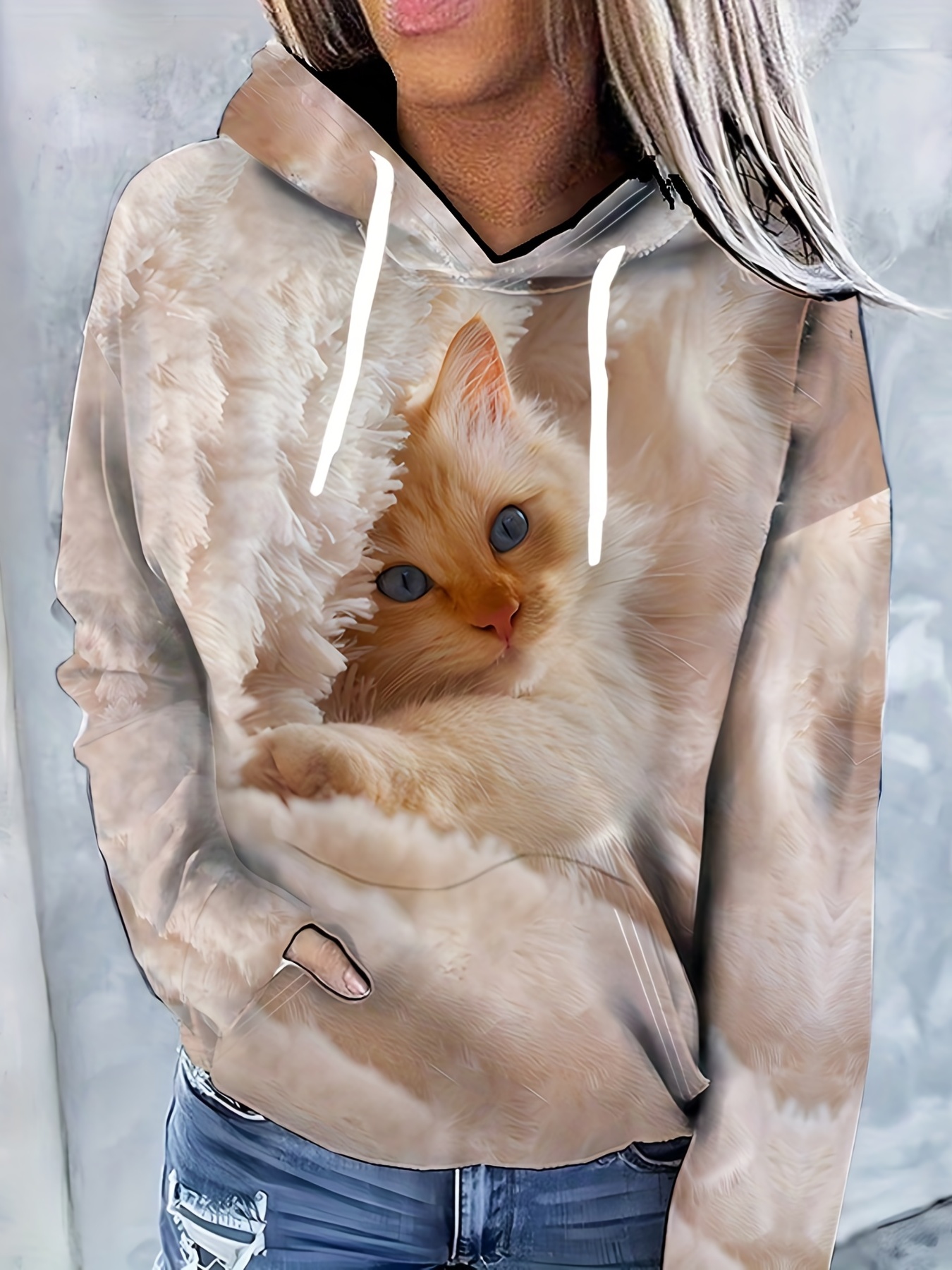 Cute Cat Print Drawstring Hoodie Casual Long Sleeve Kangaroo