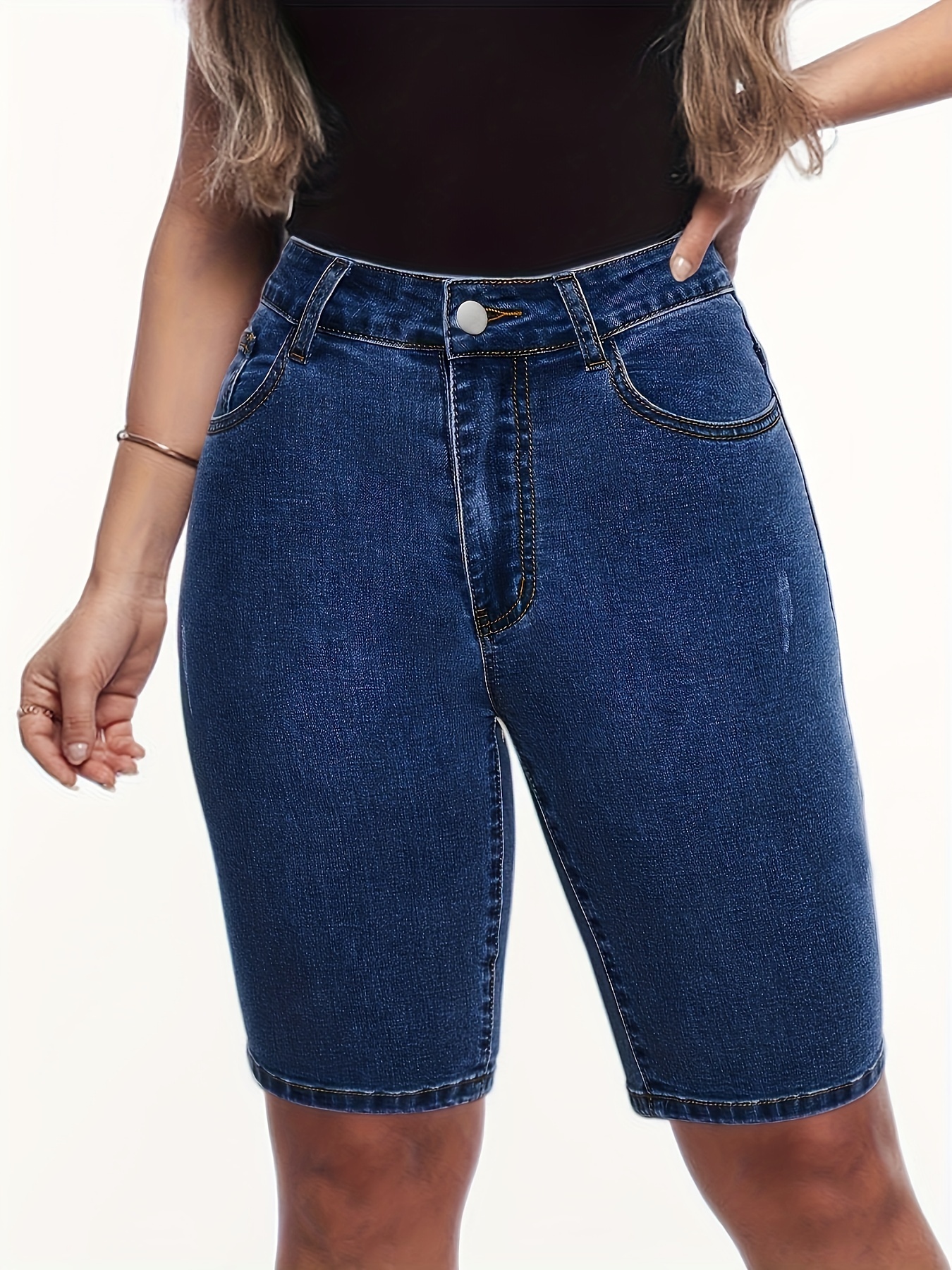 Dark Blue High Waist Denim Shorts Slim Fit Slash Pockets - Temu