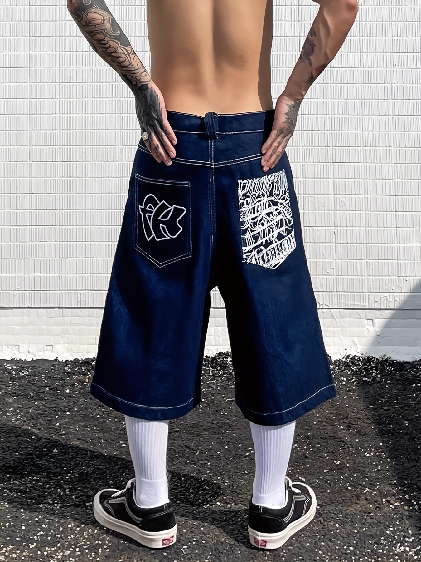 Men Capri Jeans Loose Denim Cargo Shorts Retro Baggy Cropped Pants Workwear