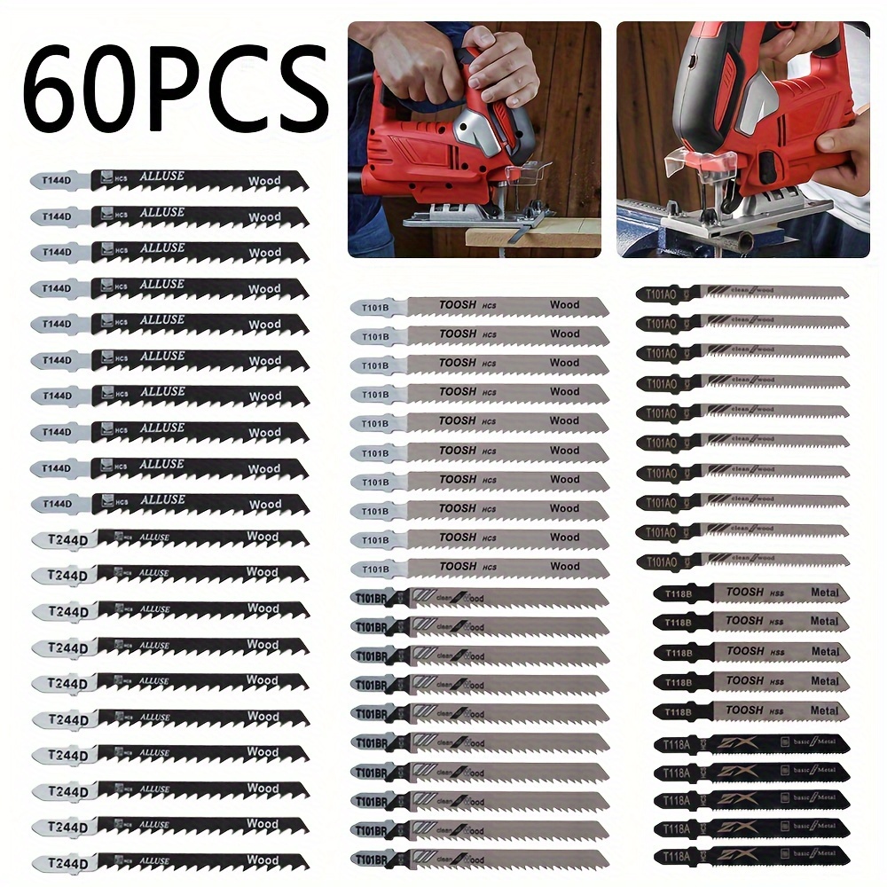 60pcs set Universal Jig Saw Blade Set HCS High Carbon Steel Assorted Blades Fast Cut Down Jig Saw Knife Jig Saw Cutter Accessories For Wood Plastic Metal Cutting Compatible With Most Jig Saw